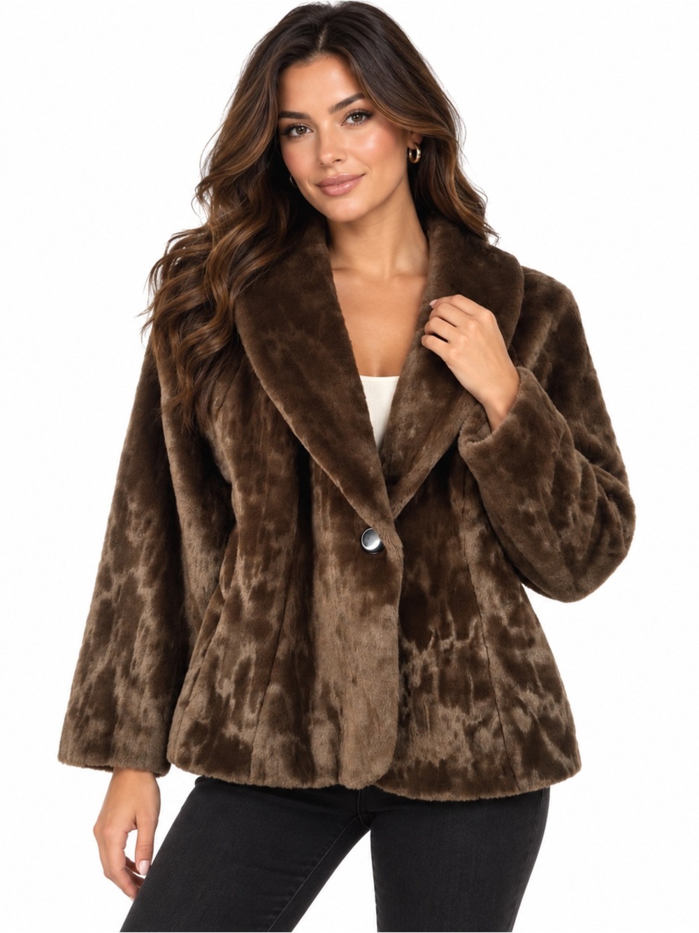Olympia Limited Brown Faux Fur Jacket S Mink Look Shawl Collar Fitted Plush